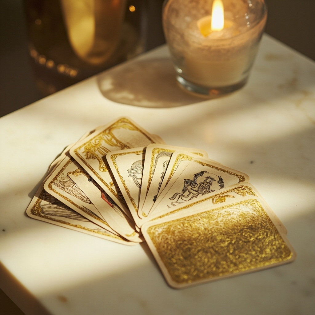 A fanned deck of antique tarot cards with gilded edges