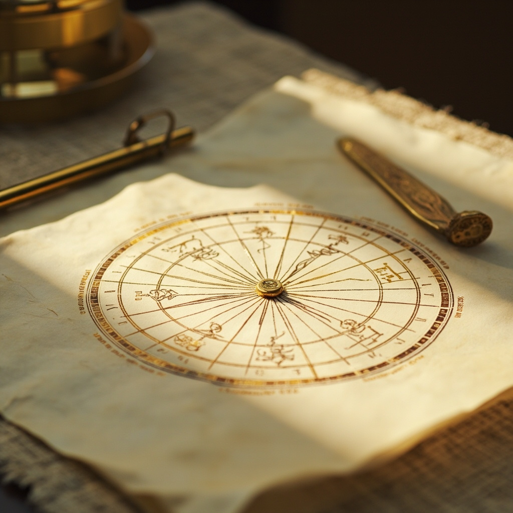 Gold astrological chart wheel on cream vellum