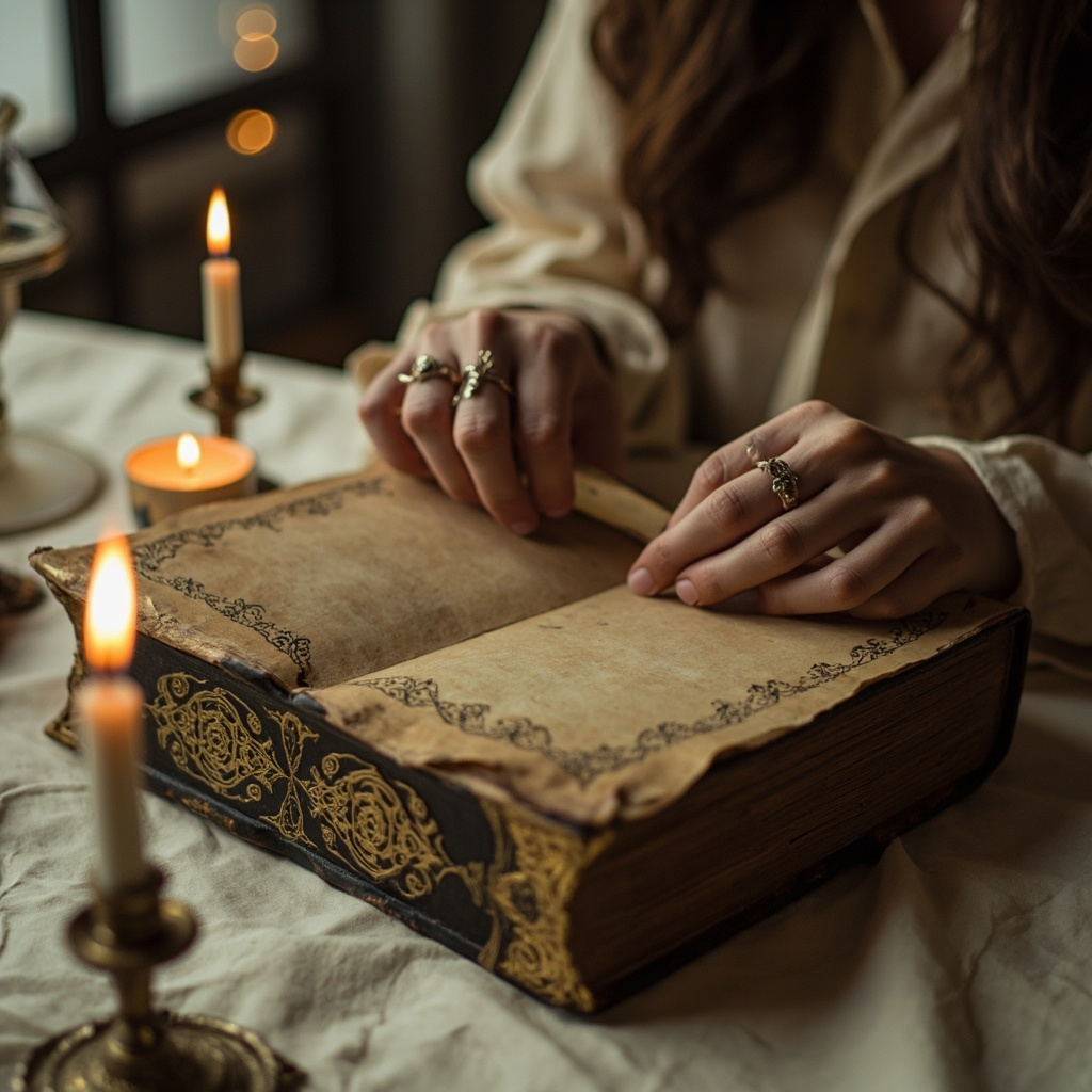 Two hands turning a page of a gilded grimoire in warm candlelight
